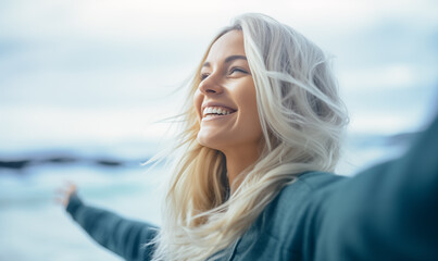 Happy blonde woman, taking selfie shot, motivation and wellness, peace and hope. Smile female, optimism , dream and success  concepts