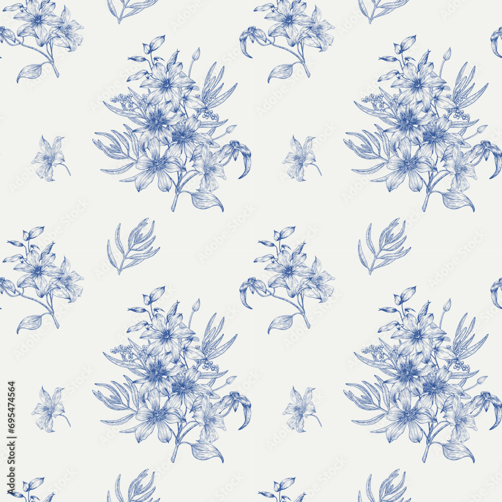 Blue floral Seamless vector vintage pattern flowers of Clematis on ...