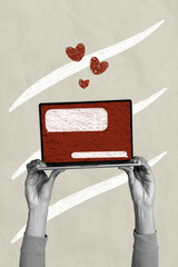 Poster - Collage 3d image of pinup pop retro sketch of hands hold receive love message matches app netbook bizarre unusual fantasy billboard comics