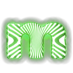 White symbol with ultra thin green luminous vertical straps. letter m