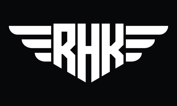 RHK three letter logo, creative wings shape logo design vector template. letter mark, wordmark, monogram symbol on black & white.	