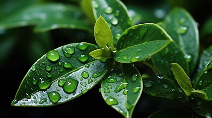  a close up of a green plant with water droplets on it's leaves and leaves are shown in the foreground, with a dark background of green foliage.