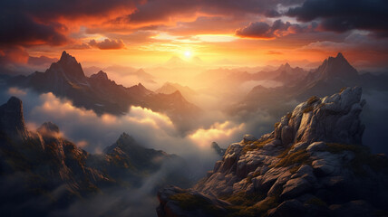 A surreal and dreamy sunrise scene unfolding on the top of a rocky mountain, with the first light piercing through the mist, creating a captivating view captured by an HD camera.