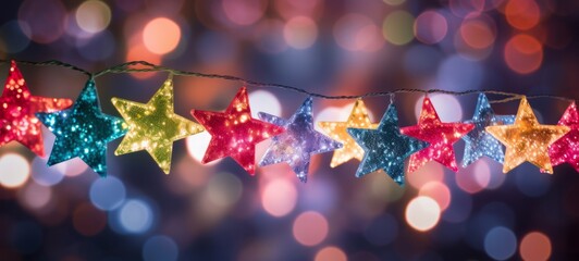 Aufkleber - Christmas decoration celebration holiday background - Fairy lights, star shaped bokeh, blurred lights, multicolor blurry shapes, rainbow stars, christmas light, garland