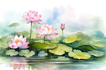 Wall Mural - Background illustration blossom plant watercolor flower water pink nature blooming art lotus leaf summer