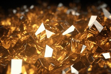 Golden crystals, glass cubes wallpaper, gold crystals background with abstract light shine.