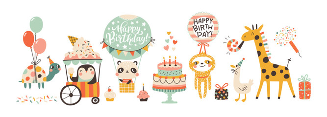 Birthday cute animals collection. Vector hand-drawn cartoon set illustration of festive elements and funny characters. Vintage cheerful pastel palette, decorating childish holidays cards, invitations.