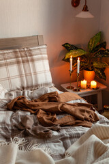 Wall Mural - cozy scandinavian bedroom interior in natural tones, real life mess disorder