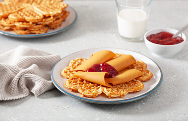 Sticker - waffles with Norwegian brunost traditional brown cheese and raspberry jam