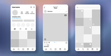 Instagram profile interface. Social media app template. Blank blog grid frame. Post and reel feed mock-up. Vector illustration.