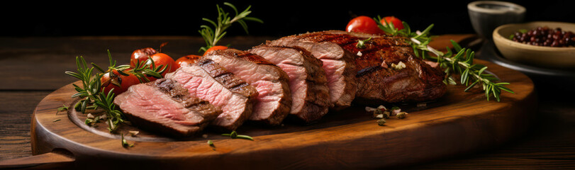 Wall Mural - Meat board fillet steak herb red roast beefsteak background sirloin beef grill food