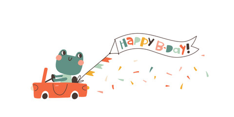 Wall Mural - A little frog on a red convertible with a birthday banner. A cute holiday cartoon character in a simple childish hand-drawn style. Vector isolate in pastel vintage palette on white background.