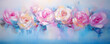 Beautiful trendy floral impressionist background. Pastel pink rose banner for wedding stationary, Valentine wallpaper. Red, white, yellow rose flower art illustration on blue abstract backdrop by Vita