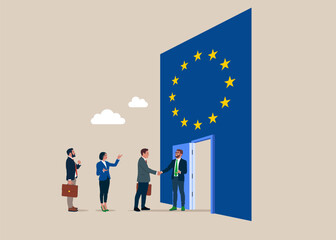 Wall Mural - Politician handshake welcome and introduce new countries. Integration in European Union. Flat vector illustration
