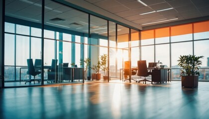 Sticker -  an empty office with a view of the city outside the glass walls of the office building, with a potted plant in the foreground.