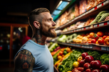 Photo of confident tattooed man in grocery market made with generative ai