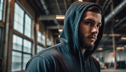 Wall Mural -  a man with a goatee and a hoodie in a warehouse looking at the camera with a serious look on his face.