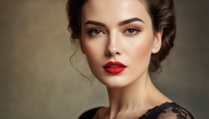 Canvas Print -  a woman with a red lipstick and a black dress is posing for a picture with her hair in a bun.