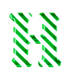 White symbol with thin green diagonal straps. letter h