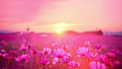Poster - Wild flowers in bloom, pastel colors. Bokeh pink flower background. Paper daisies. Magical purple flower field moving in the wind beauty