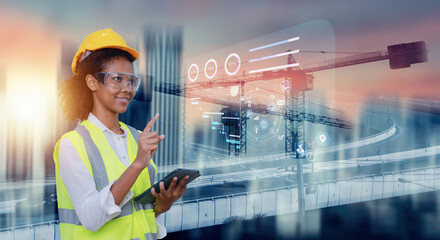 Wall Mural - Future building construction engineering and technology project concept. Double exposure African American engineer using digital tablet and smart industry and IOT software to control operation.