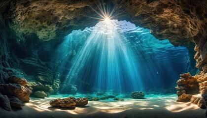  an underwater view of a cave with sunlight streaming through the water and rocks and pebbles on the bottom of the cave.