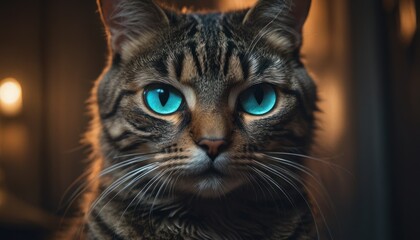 Wall Mural -  a close up of a cat's face with a blue light shining on the cat's face and it's eyes.