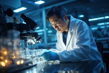 Poster - Dedicated scientists doing research analyzing samples under microscope in well equipped laboratory