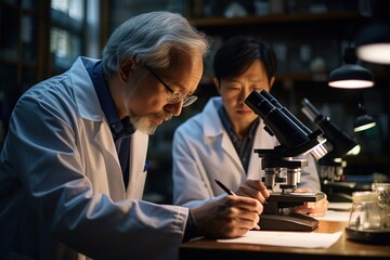 Poster - Dedicated scientists doing research analyzing samples under microscope in well equipped laboratory