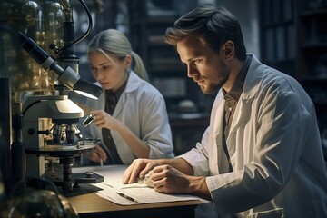 Poster - Dedicated scientists doing research analyzing samples under microscope in well equipped laboratory