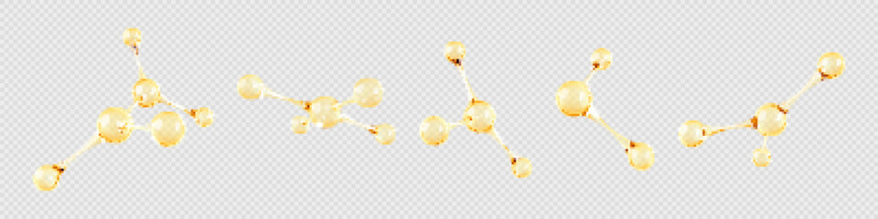 Set of gold oil molecule. 3D abstract molecular structures isolated on transparent background. Beauty science skincare molecular concept. Vector 3d illustration