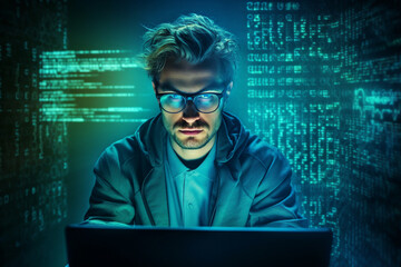 Poster - Generative ai image portrait of professional successful man working as computer specialist software developer