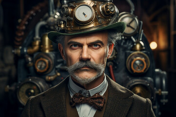 Canvas Print - Portrait made with generative ai of a steampunk man wearing victorian old style costume