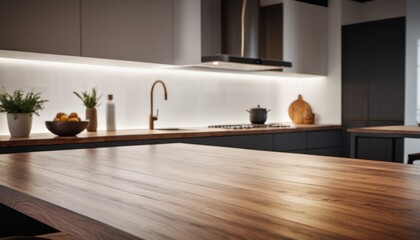 Poster -  a kitchen with a wooden counter top next to a stove top oven and a potted plant on the counter.