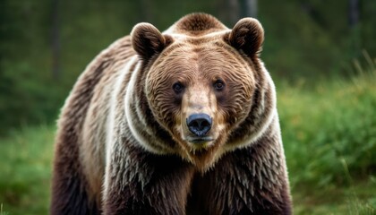 Canvas Print -  a large brown bear standing on top of a lush green forest filled with lots of tall grass and tall trees.