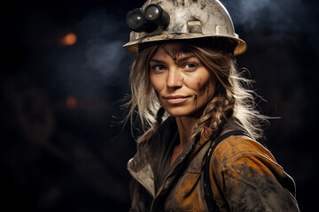 Poster - generative ai portrait of girl miner at the mine in a helmet on dark background