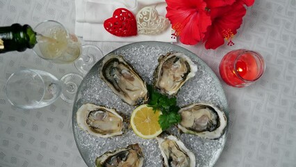 Wall Mural - Fresh oysters on ice rotating, Valentines Day, glasses of champagne. Close up