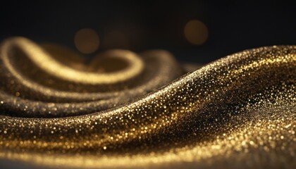  a close up view of gold glitter on a black and white background with some blurry lights in the background.