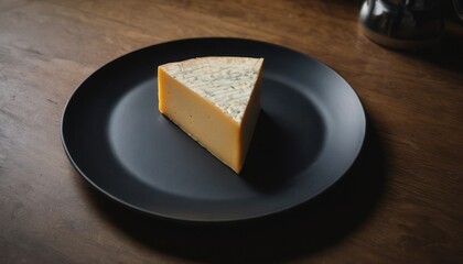 Canvas Print -  a piece of cheese sitting on top of a black plate on a wooden table next to a can of soda.