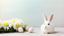 Cute Easter Bunny With Eggs And Flowers On Light Blue Backgound