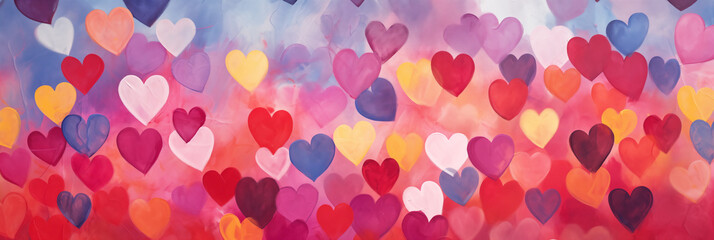 Wall Mural - Valentines day watercolor abstract hearts background banner, art aquarelle painting illustration. Panoramic web header with copy space. Wide screen wallpaper