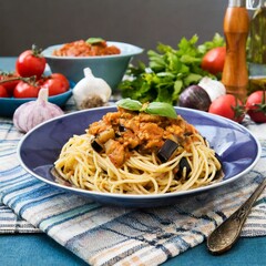 Wall Mural - Spaghetti with Aubergine and tomato sauce on at the table