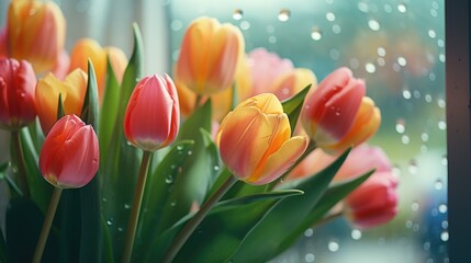  A bunch of yellow and red tulips in a vase. Spring, springtime background, Mother's day greeting card.