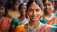 Attractive Indian Woman Portrait Wearing Traditional Sari And Jewelery