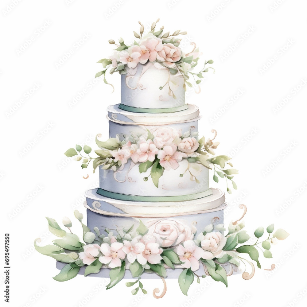 Watercolor white wedding cake with floral decoration. Hand painted ...