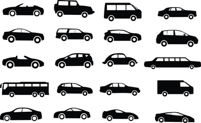 Cars Different types icons set. Different vehicles. Car van, bus, pickup Vector illustration. Collection transportation