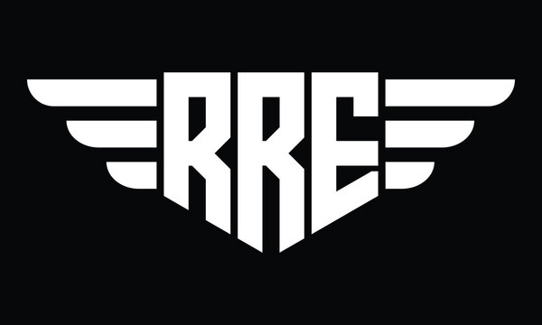 RRE three letter logo, creative wings shape logo design vector template. letter mark, wordmark, monogram symbol on black & white.	