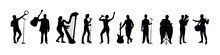 People Musicians Playing Different Musical Instruments Together Set Silhouettes. Group Of Band Musician Playing Music Together Silhouettes.