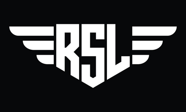 RSL three letter logo, creative wings shape logo design vector template. letter mark, wordmark, monogram symbol on black & white.	
