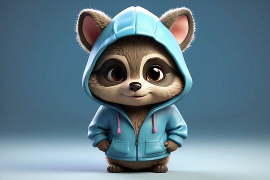 front view standing animated raccoon wearing hoodie full body